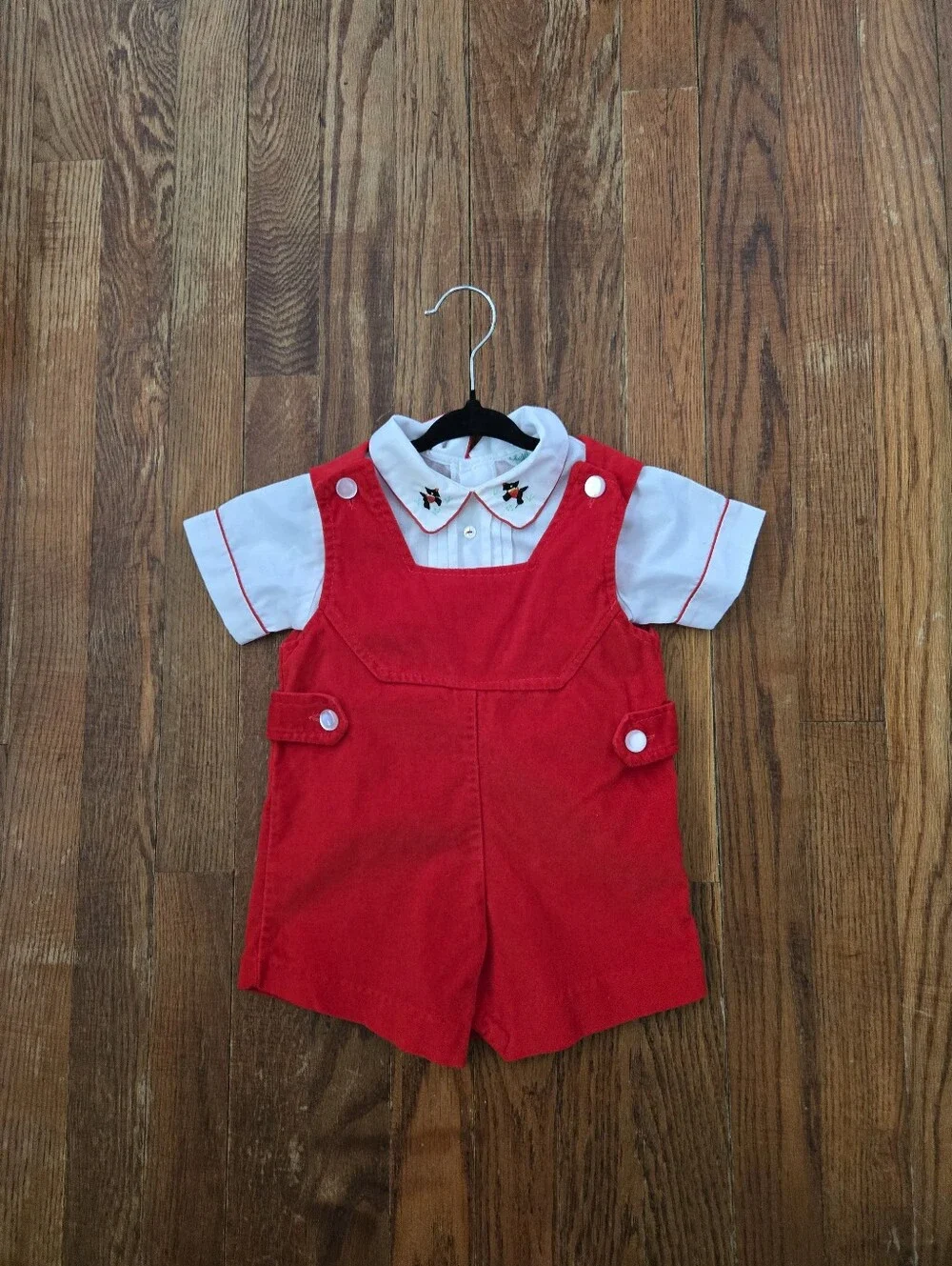 Vintage Baby 2Pc Set Red Velvet Romper Scotty Dog Embroidered Shirt 12-18M